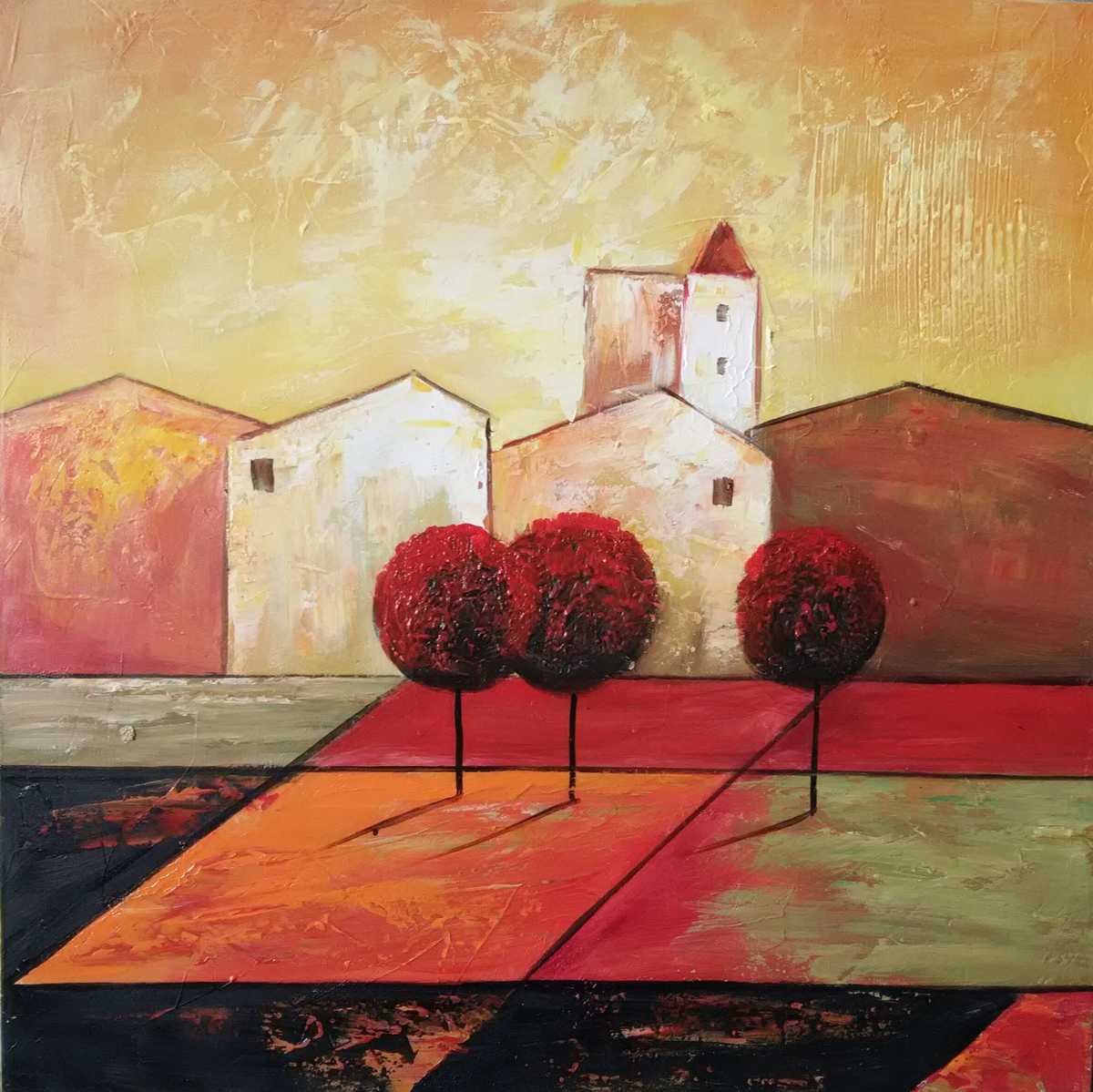 Handgemaltes Ölbild mediterranes Dorf mit roten Bäumen auf Leinwand, warme Rot-, Orange- und Goldtöne