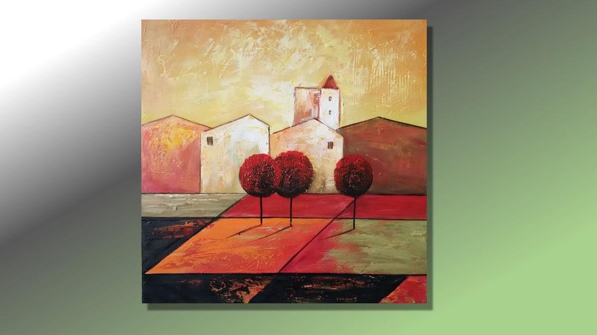 Handgemaltes Ölbild mediterranes Dorf mit roten Bäumen auf Leinwand, warme Rot-, Orange- und Goldtöne – Beispiel im Raum