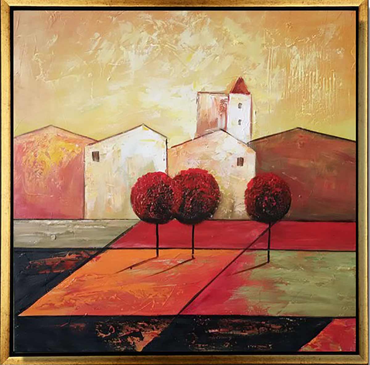 Handgemaltes Ölbild mediterranes Dorf mit roten Bäumen auf Leinwand, warme Rot-, Orange- und Goldtöne, mit goldenem Rahmen