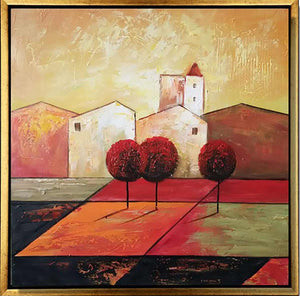 Handgemaltes Ölbild mediterranes Dorf mit roten Bäumen auf Leinwand, warme Rot-, Orange- und Goldtöne, mit goldenem Rahmen
