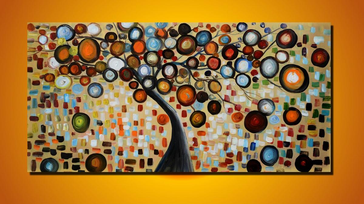Handgemaltes Ölbild Lebensbaum mit bunten Kreisen auf Leinwand, Mosaik in warmen Erdtönen – Beispiel im Raum