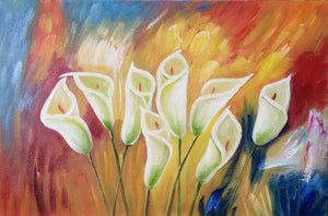 Handgemaltes Ölbild weisse Calla-Lilien auf Leinwand vor warmem Hintergrund in Orange, Rot und Gold