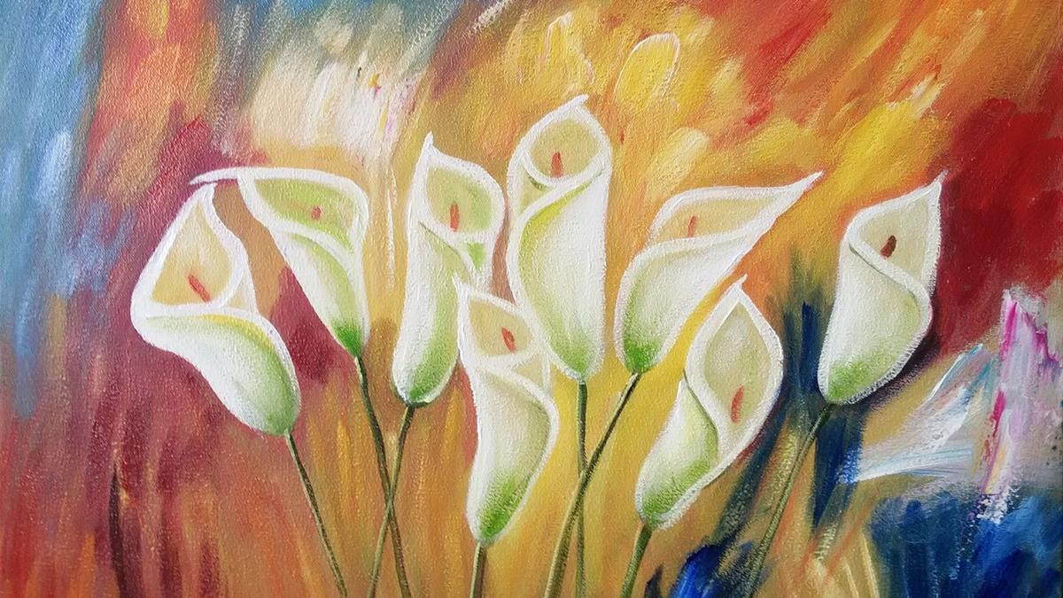 Handgemaltes Ölbild weisse Calla-Lilien auf Leinwand vor warmem Hintergrund in Orange, Rot und Gold – Detailansicht