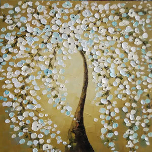 Handgemaltes Ölbild Baum mit weissen Blüten auf Leinwand, Spachtelrelief auf goldenem Hintergrund