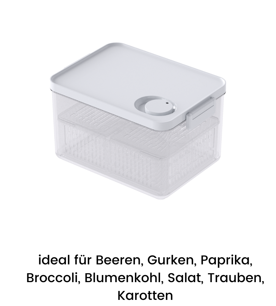 Il contenitore per alimenti DATEMATE KLAR Bianco con timer di conservazione di BNB x VCN ha un design impilabile, coperchio bianco, ventilazione regolabile ed è perfetto per conservare frutti di bosco, cetrioli, peperoni, broccoli, cavolfiori, insalata, uva e carote.