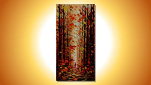 Handgemaltes Ölbild roter Herbstwald mit Waldweg auf Leinwand, Hochformat in Rot und Orange, Spachteltechnik – Beispiel im Raum