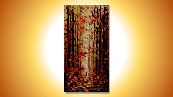 Handgemaltes Ölbild roter Herbstwald mit Waldweg auf Leinwand, Hochformat in Rot und Orange, Spachteltechnik – Beispiel im Raum