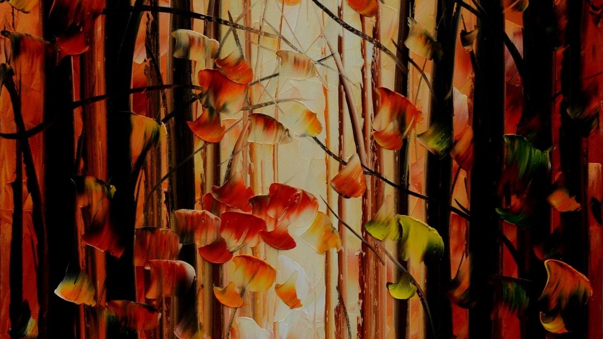 Handgemaltes Ölbild roter Herbstwald mit Waldweg auf Leinwand, Hochformat in Rot und Orange, Spachteltechnik – Detailansicht