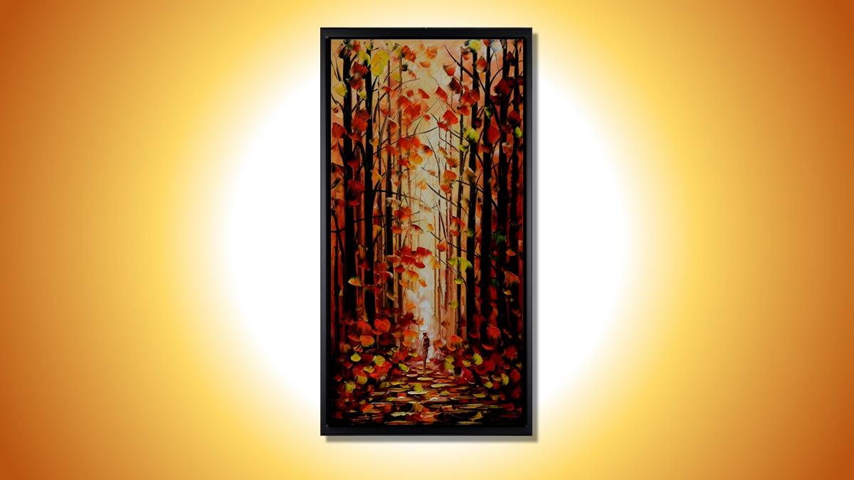 Handgemaltes Ölbild roter Herbstwald mit Waldweg auf Leinwand, Hochformat in Rot und Orange, Spachteltechnik, mit schwarzem Rahmen – Beispiel im Raum