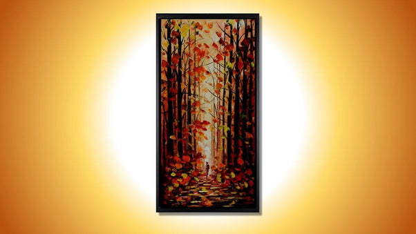 Handgemaltes Ölbild roter Herbstwald mit Waldweg auf Leinwand, Hochformat in Rot und Orange, Spachteltechnik, mit schwarzem Rahmen – Beispiel im Raum