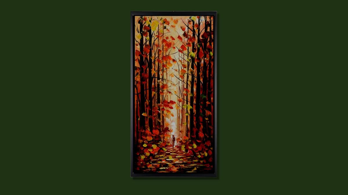 Handgemaltes Ölbild roter Herbstwald mit Waldweg auf Leinwand, Hochformat in Rot und Orange, Spachteltechnik, mit schwarzem Rahmen – Beispiel im Raum