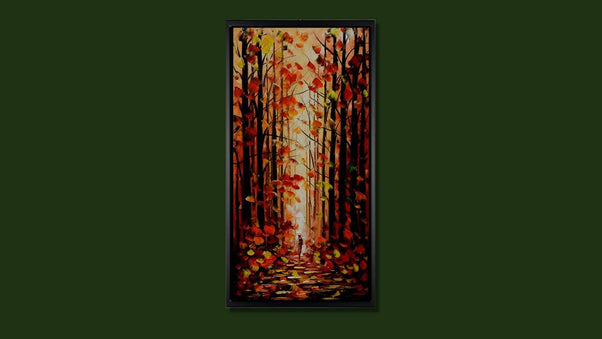 Handgemaltes Ölbild roter Herbstwald mit Waldweg auf Leinwand, Hochformat in Rot und Orange, Spachteltechnik, mit schwarzem Rahmen – Beispiel im Raum