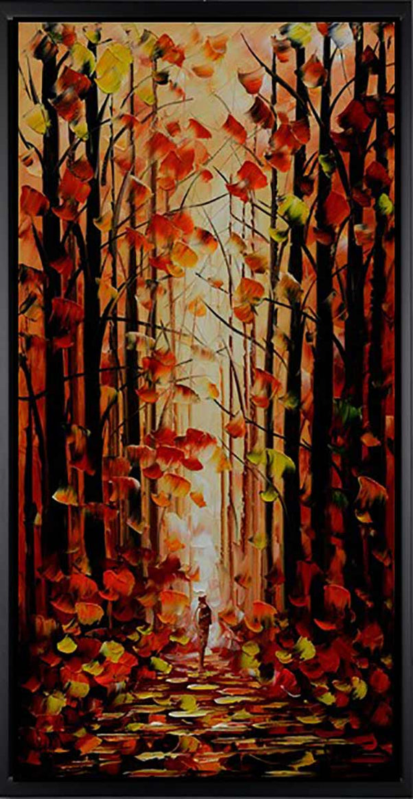 Handgemaltes Ölbild roter Herbstwald mit Waldweg auf Leinwand, Hochformat in Rot und Orange, Spachteltechnik, mit schwarzem Rahmen