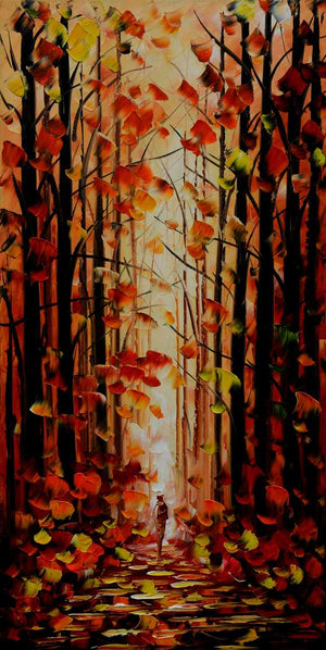 Handgemaltes Ölbild roter Herbstwald mit Waldweg auf Leinwand, Hochformat in Rot und Orange, Spachteltechnik
