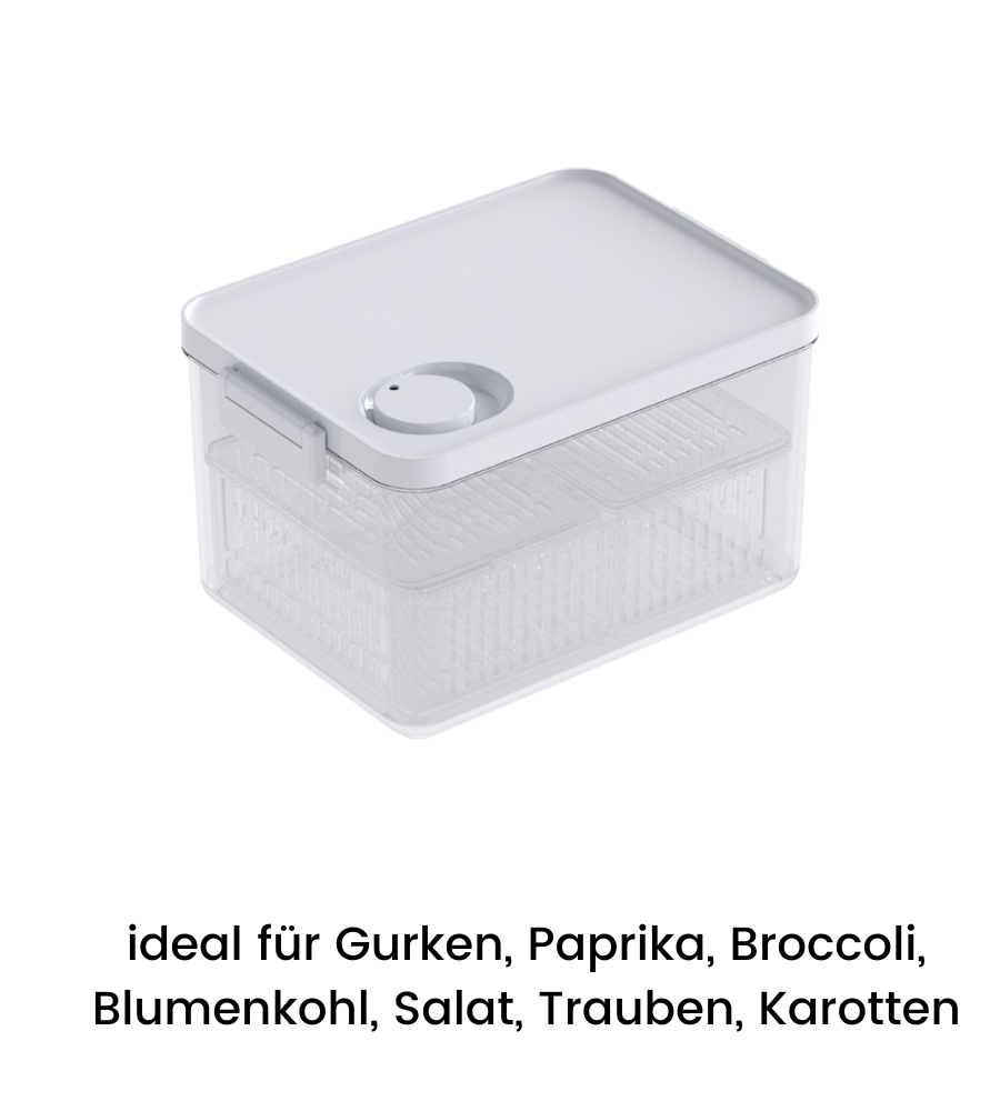 Die DATEMATE Frischhaltebox KLAR Weiß mit Haltbarkeits-Timer von BNB x VCN bewahrt Gemüse und Obst wie Gurken, Paprika, Brokkoli und Trauben dank stapelbarem Design, weißem Deckel und rundem Ventil frisch.
