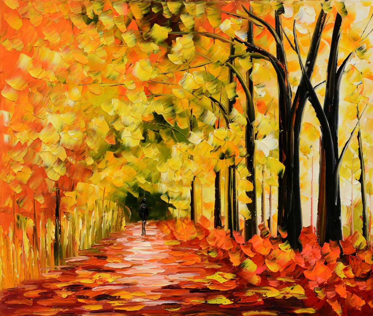 Handgemaltes Ölbild leuchtende Herbstallee mit Spaziergänger auf Leinwand, Gold, Orange und Rot, Spachtel
