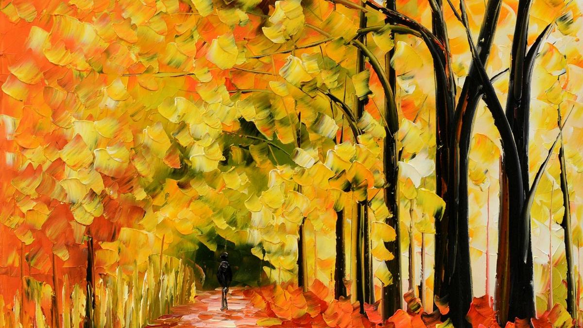 Handgemaltes Ölbild leuchtende Herbstallee mit Spaziergänger auf Leinwand, Gold, Orange und Rot, Spachtel – Detailansicht