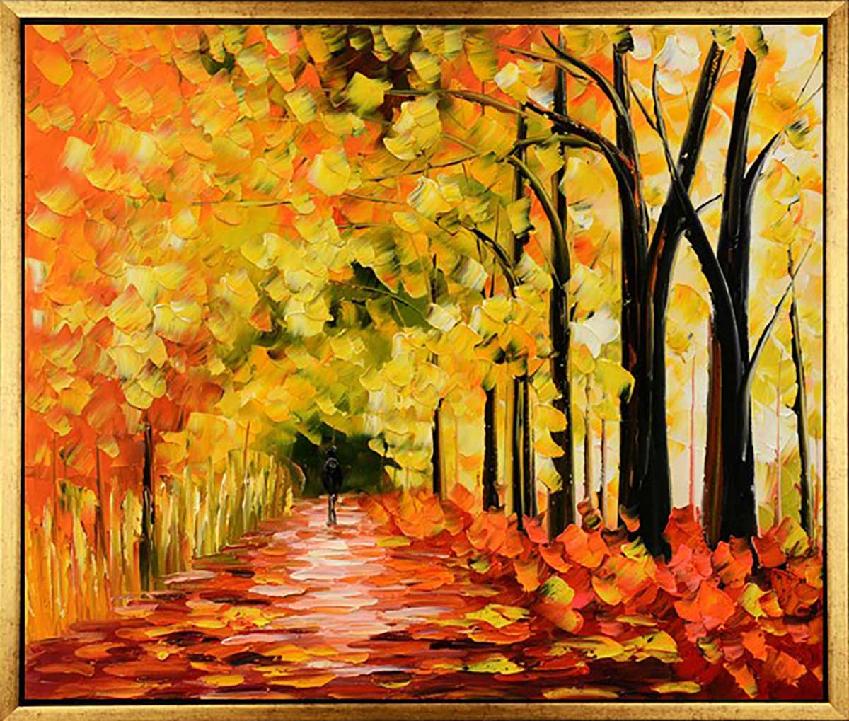 Handgemaltes Ölbild leuchtende Herbstallee mit Spaziergänger auf Leinwand, Gold, Orange und Rot, Spachtel, mit goldenem Rahmen