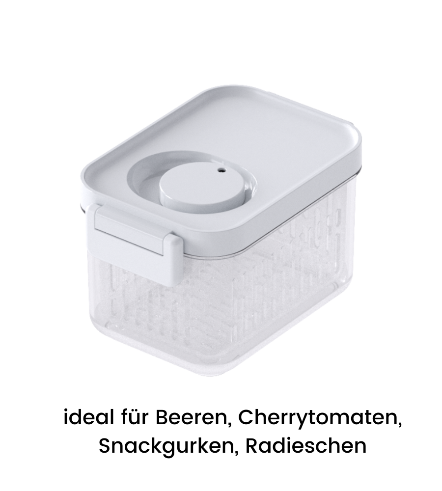 Il contenitore per alimenti DATEMATE di BNB x VCN è trasparente, ha un coperchio bianco, un timer di conservazione ed è impilabile. Perfetto per frutti di bosco, pomodorini, cetriolini e ravanelli. Disponibile in diverse dimensioni.