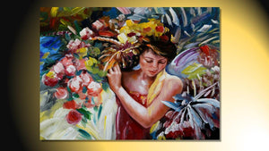 Handgemaltes Ölbild Porträt Frau mit Blumenkranz auf Leinwand, Rosen in Pink und Rot vor blauem Grund – Beispiel im Raum