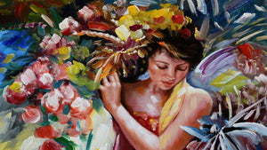 Handgemaltes Ölbild Porträt Frau mit Blumenkranz auf Leinwand, Rosen in Pink und Rot vor blauem Grund – Detailansicht