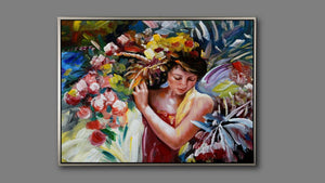 Handgemaltes Ölbild Porträt Frau mit Blumenkranz auf Leinwand, Rosen in Pink und Rot vor blauem Grund, mit silbernem Rahmen – Beispiel im Raum