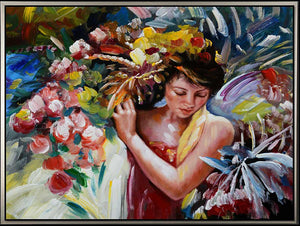 Handgemaltes Ölbild Porträt Frau mit Blumenkranz auf Leinwand, Rosen in Pink und Rot vor blauem Grund, mit silbernem Rahmen