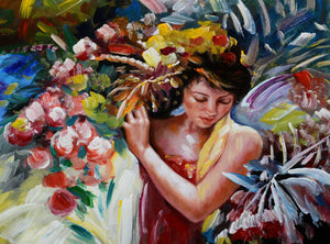 Handgemaltes Ölbild Porträt Frau mit Blumenkranz auf Leinwand, Rosen in Pink und Rot vor blauem Grund