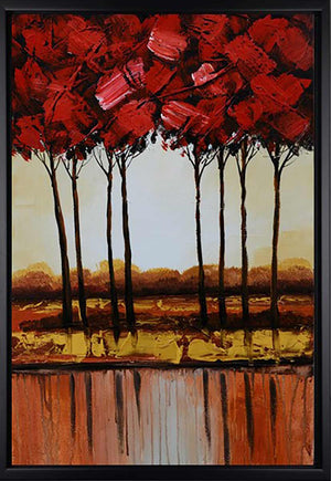 Handgemaltes Ölbild rote Bäume am Wasser auf Leinwand, Hochformat mit Spiegelung, Spachtelrelief, mit schwarzem Rahmen