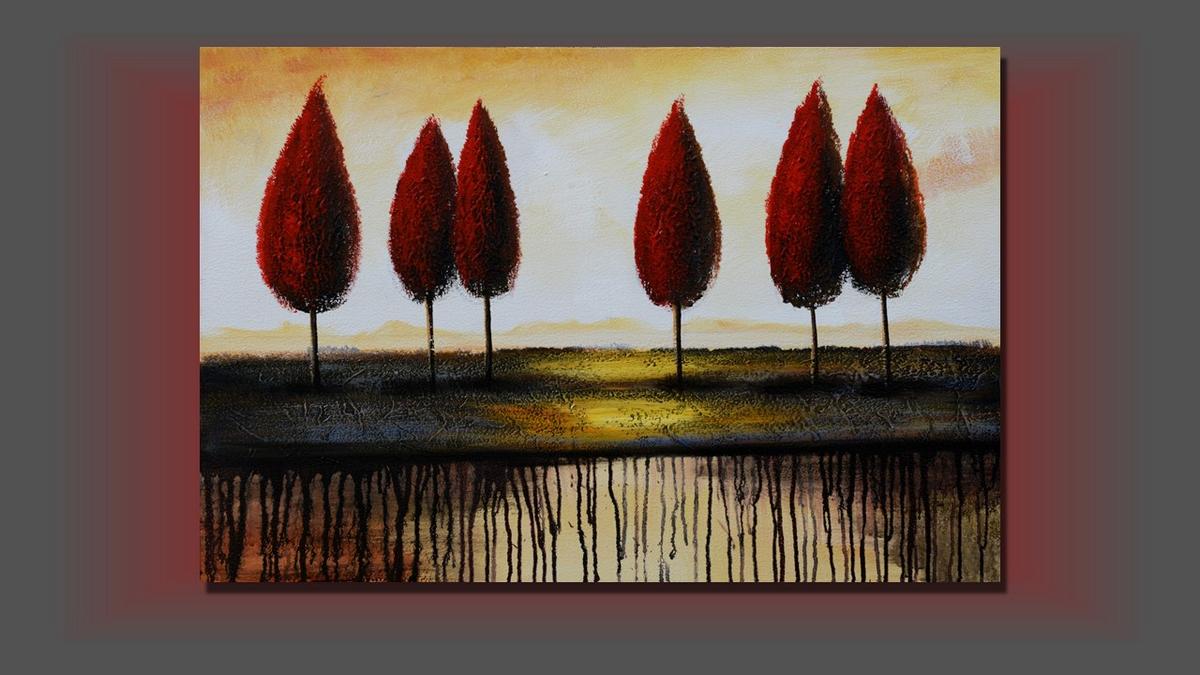 Handgemaltes Ölbild rote Bäume am Horizont auf Leinwand, moderne Landschaft mit Farbläufen, Rot und Creme – Beispiel im Raum