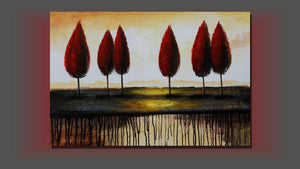 Handgemaltes Ölbild rote Bäume am Horizont auf Leinwand, moderne Landschaft mit Farbläufen, Rot und Creme – Beispiel im Raum