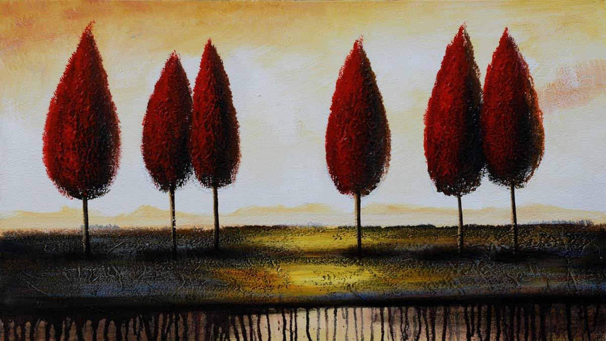 Handgemaltes Ölbild rote Bäume am Horizont auf Leinwand, moderne Landschaft mit Farbläufen, Rot und Creme – Detailansicht