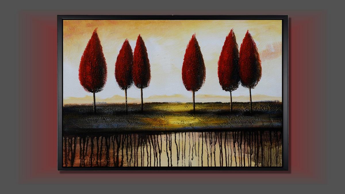 Handgemaltes Ölbild rote Bäume am Horizont auf Leinwand, moderne Landschaft mit Farbläufen, Rot und Creme, mit schwarzem Rahmen – Beispiel im Raum