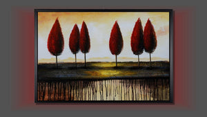 Handgemaltes Ölbild rote Bäume am Horizont auf Leinwand, moderne Landschaft mit Farbläufen, Rot und Creme, mit schwarzem Rahmen – Beispiel im Raum