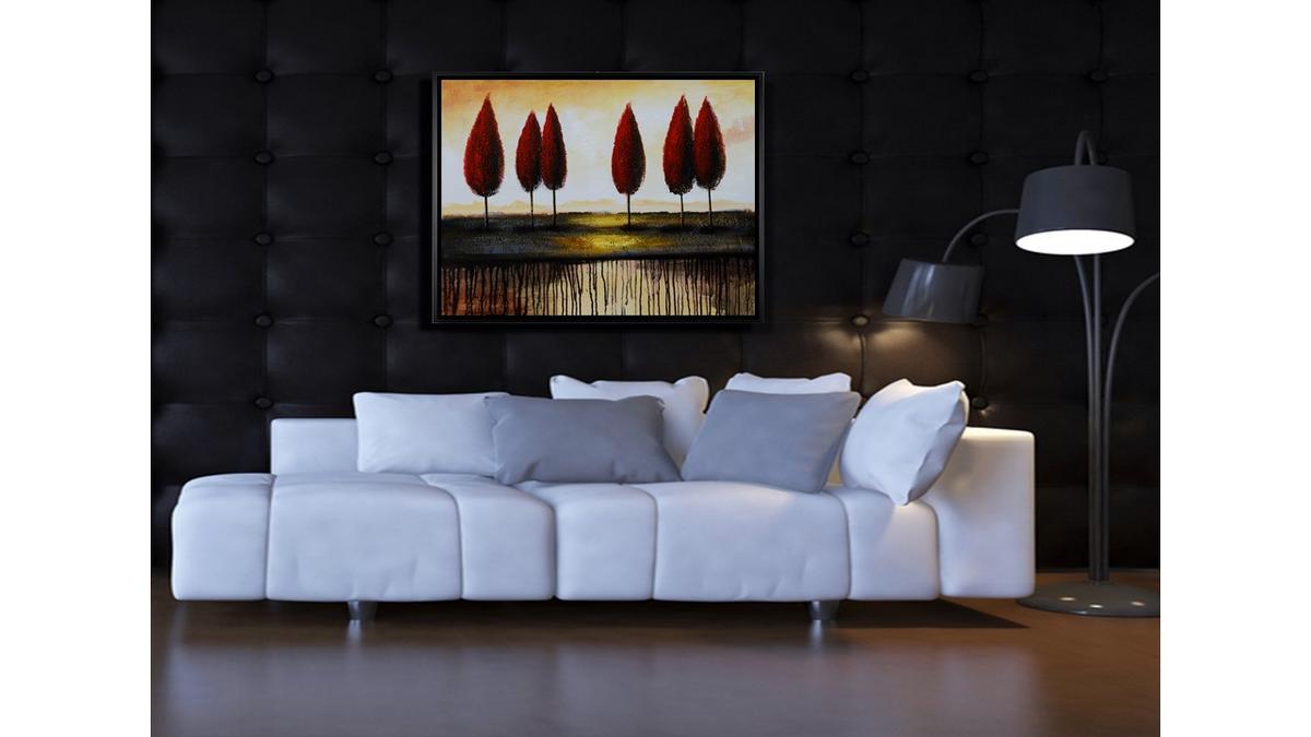 Handgemaltes Ölbild rote Bäume am Horizont auf Leinwand, moderne Landschaft mit Farbläufen, Rot und Creme, mit schwarzem Rahmen – Beispiel im Raum
