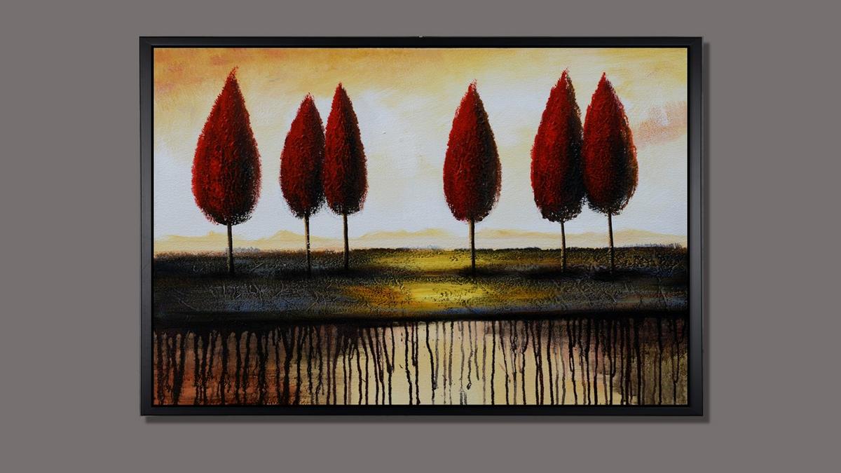 Handgemaltes Ölbild rote Bäume am Horizont auf Leinwand, moderne Landschaft mit Farbläufen, Rot und Creme, mit schwarzem Rahmen – Beispiel im Raum