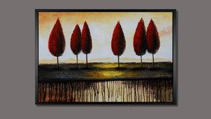 Handgemaltes Ölbild rote Bäume am Horizont auf Leinwand, moderne Landschaft mit Farbläufen, Rot und Creme, mit schwarzem Rahmen – Beispiel im Raum