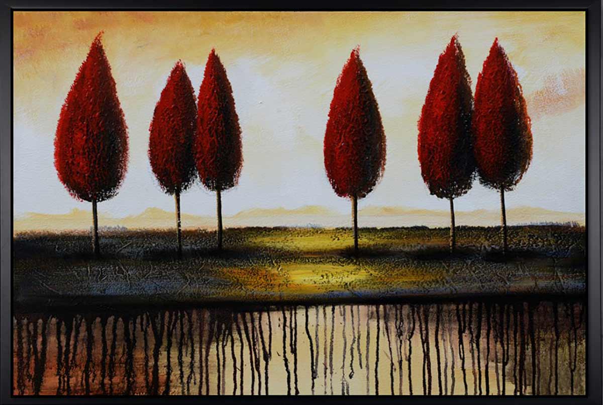 Handgemaltes Ölbild rote Bäume am Horizont auf Leinwand, moderne Landschaft mit Farbläufen, Rot und Creme, mit schwarzem Rahmen