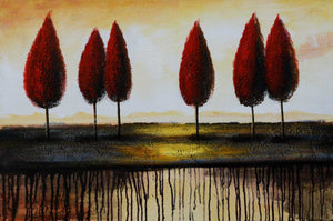 Handgemaltes Ölbild rote Bäume am Horizont auf Leinwand, moderne Landschaft mit Farbläufen, Rot und Creme