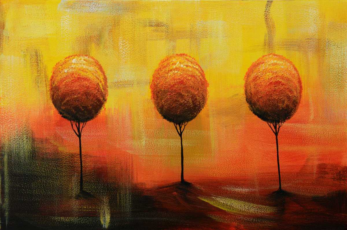 Handgemaltes Ölbild drei Bäume im Abendrot auf Leinwand, Orange, Gold und Rot mit Spiegelung
