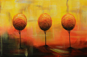 Handgemaltes Ölbild drei Bäume im Abendrot auf Leinwand, Orange, Gold und Rot mit Spiegelung
