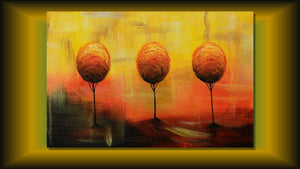 Handgemaltes Ölbild drei Bäume im Abendrot auf Leinwand, Orange, Gold und Rot mit Spiegelung – Beispiel im Raum