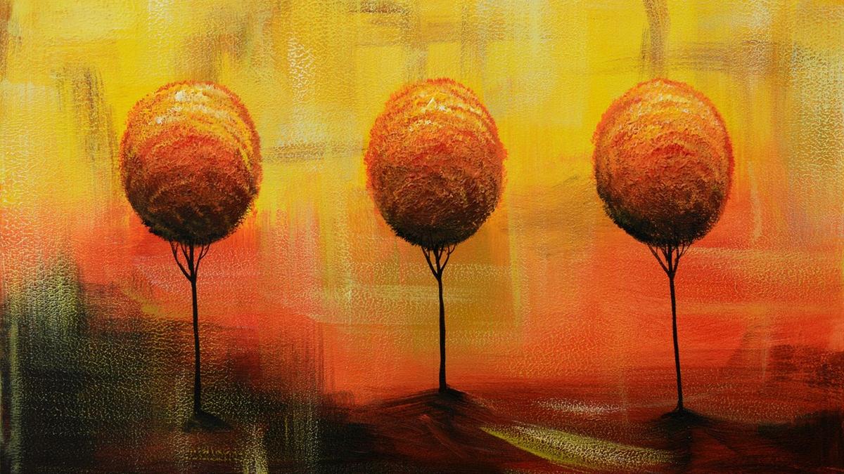 Handgemaltes Ölbild drei Bäume im Abendrot auf Leinwand, Orange, Gold und Rot mit Spiegelung – Detailansicht