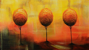 Handgemaltes Ölbild drei Bäume im Abendrot auf Leinwand, Orange, Gold und Rot mit Spiegelung – Detailansicht