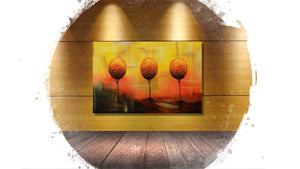 Handgemaltes Ölbild drei Bäume im Abendrot auf Leinwand, Orange, Gold und Rot mit Spiegelung – Beispiel im Raum