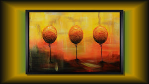 Handgemaltes Ölbild drei Bäume im Abendrot auf Leinwand, Orange, Gold und Rot mit Spiegelung, mit schwarzem Rahmen – Beispiel im Raum