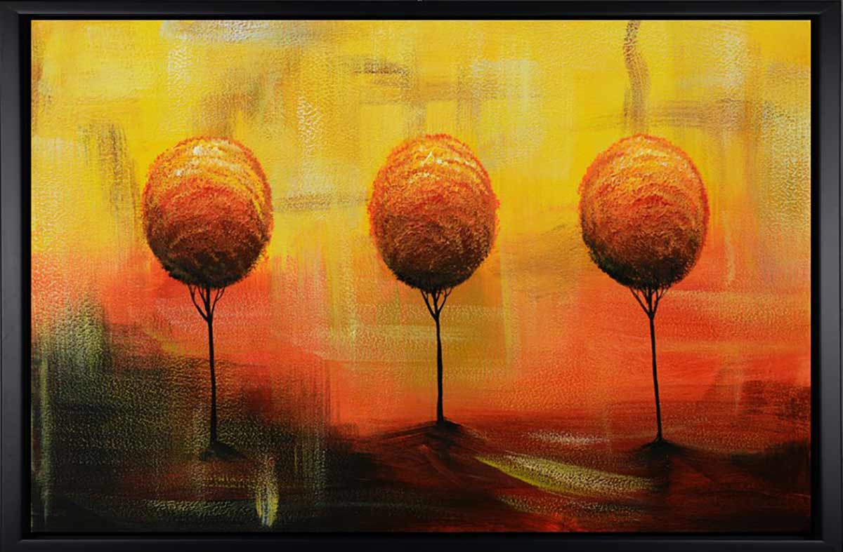 Handgemaltes Ölbild drei Bäume im Abendrot auf Leinwand, Orange, Gold und Rot mit Spiegelung, mit schwarzem Rahmen