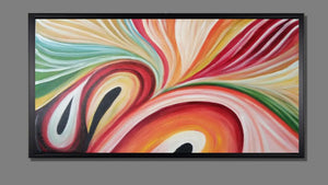 Handgemaltes abstraktes Ölbild mit schwungvollen Farbwellen in Rot, Rosa und Türkis auf Leinwand, mit schwarzem Rahmen – Beispiel im Raum