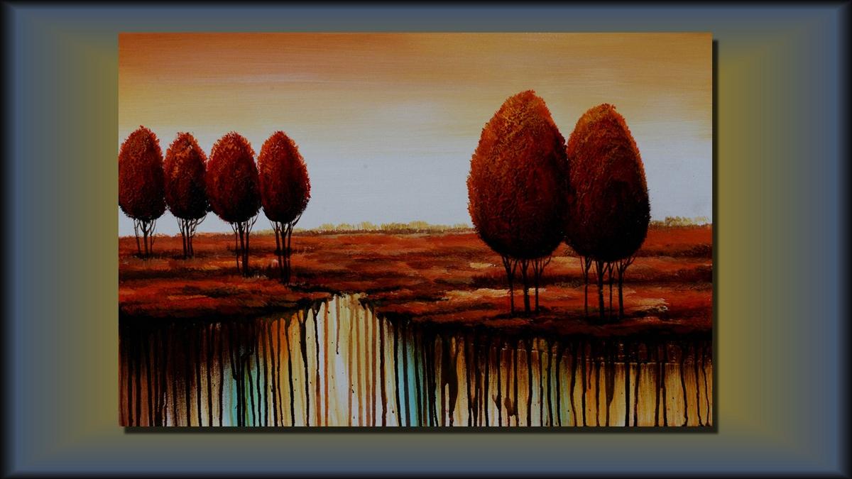 Handgemaltes Ölbild rote Bäume in weiter Landschaft auf Leinwand, modern mit Farbläufen in Rot und Türkis – Beispiel im Raum
