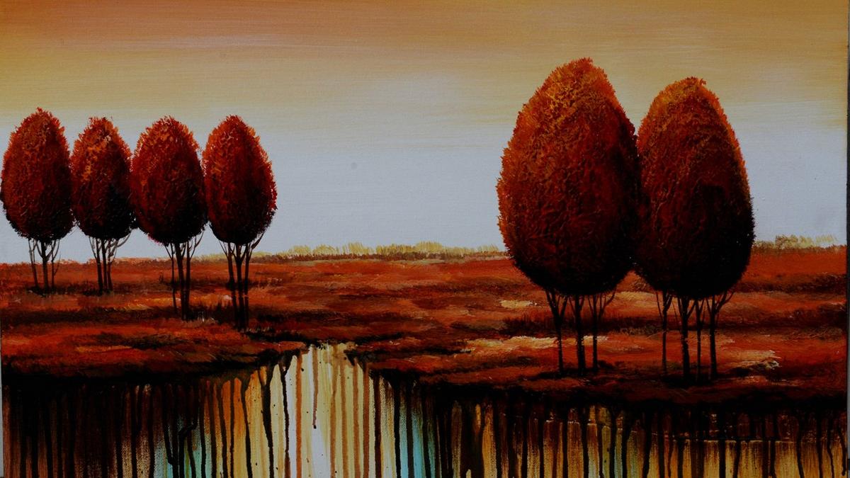 Handgemaltes Ölbild rote Bäume in weiter Landschaft auf Leinwand, modern mit Farbläufen in Rot und Türkis – Detailansicht